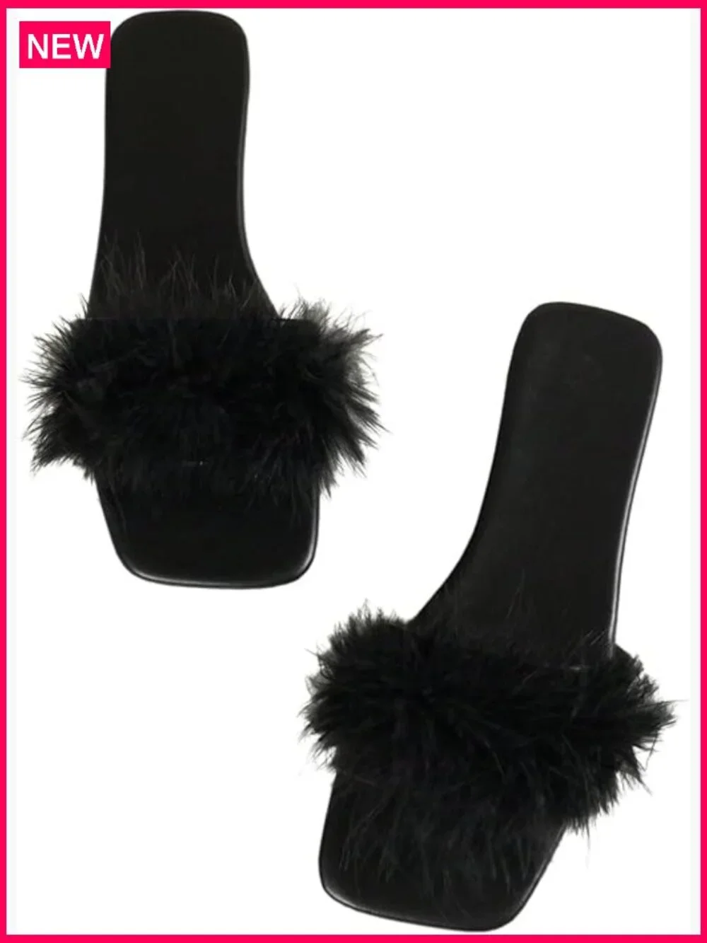 Fuzzy Slide Sandals with Feather Trim Square Toe Flat Slip On